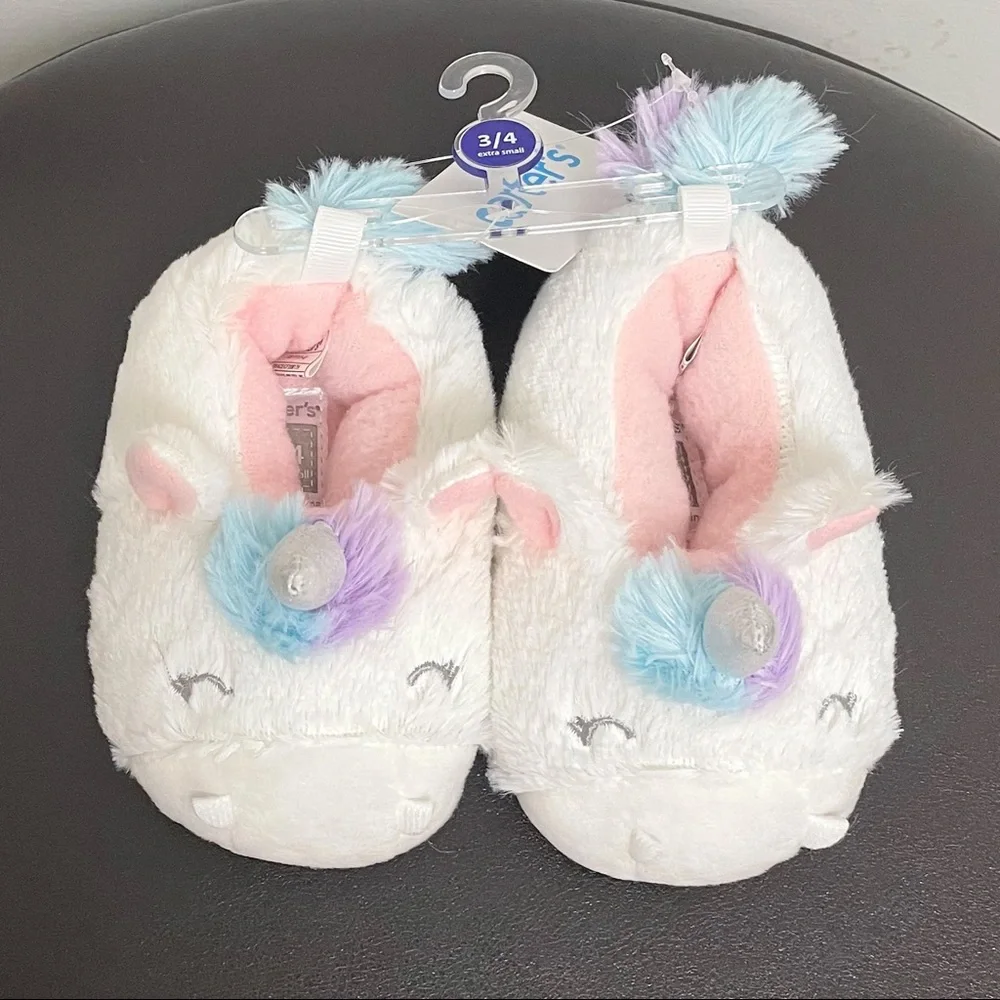 Carters White Pink Faux Fur Grace Unicorn Slippers NWT XS Toddler Girls 3/4 3 4